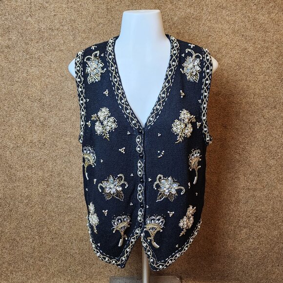 Vintage Yarn Works Women Sweater Vest Button Beaded Black Floral Sequined Small - Picture 1 of 11